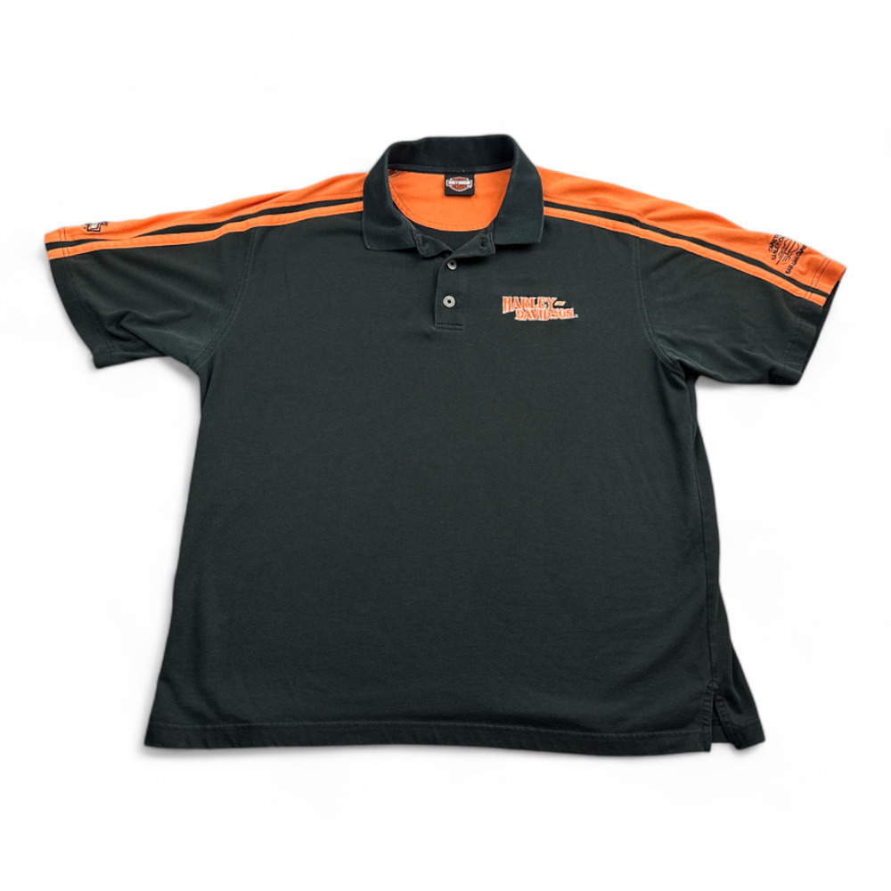 Vintage Harley Davidson Polo Shirt Adult LARGE Black Orange Mechanic Motorcycles